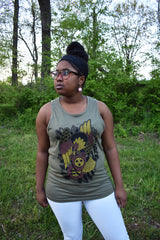 Female model wearing a green tank top with Brice Hamm's Tri-Star Eagle design in black, gold, and red on the front.